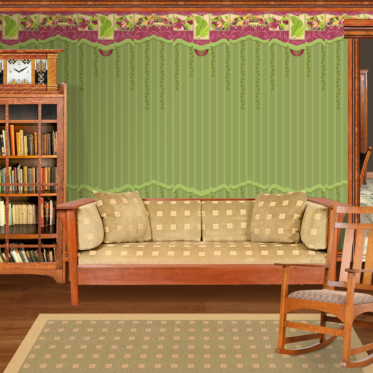 The artwork is a decorative design featuring a combination of floral and leafy elements with a crafts-inspired theme. The upper section includes a maroon band adorned with patterns and a series of rectangular panels showcasing illustrations of apples and apple leaves in soft, natural colors such as green, purple, and beige. Below this, a green scalloped border transitions into vertical green stripes and leaf motifs in varying shades of green. The design emphasizes a harmonious blend of nature-inspired elements with a textured, handcrafted aesthetic. The wallpaper design is shown in a Mission style living room